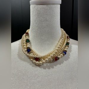 Vintage Faux Pearl Bead Multiple Strand Layer Necklace
